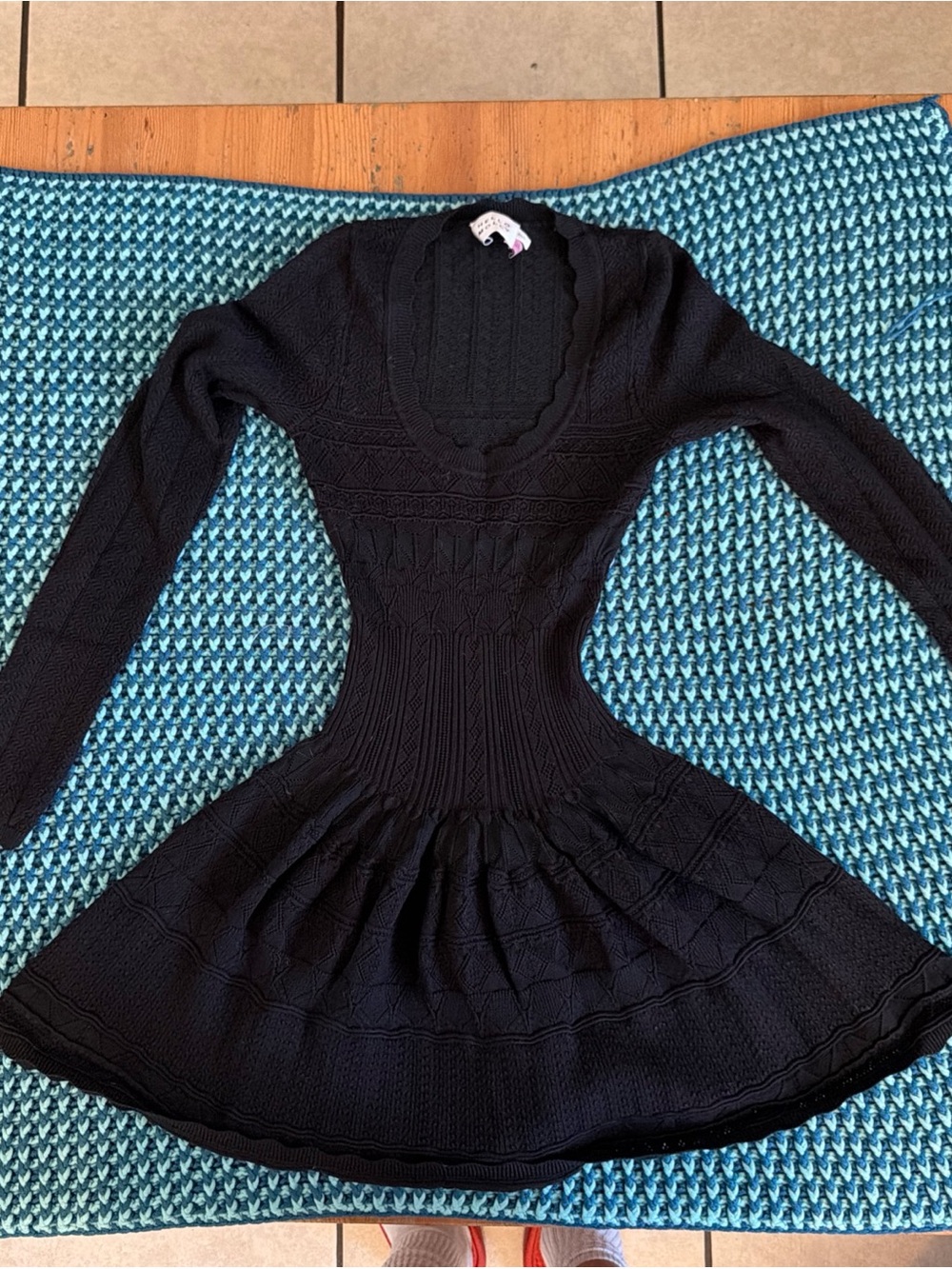 Hello Molly Black Long-Sleeve Scallop Knit Fit-and-Flare Dress